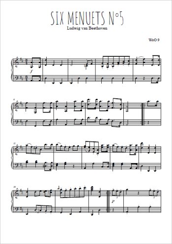 Téléchargez l'arrangement pour piano de la partition de Six menuets WoO 9, N°5 en PDF